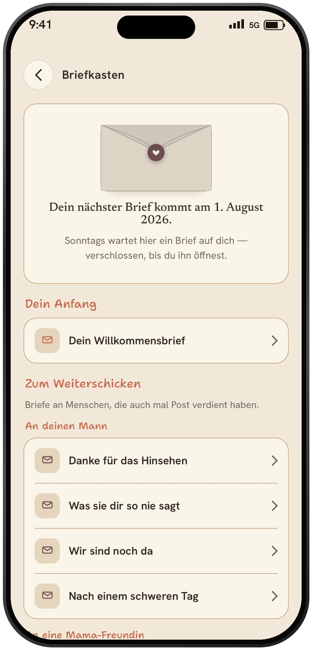 Der Briefkasten mit dem wöchentlichen Sonntags-Brief in MamaZeilen.