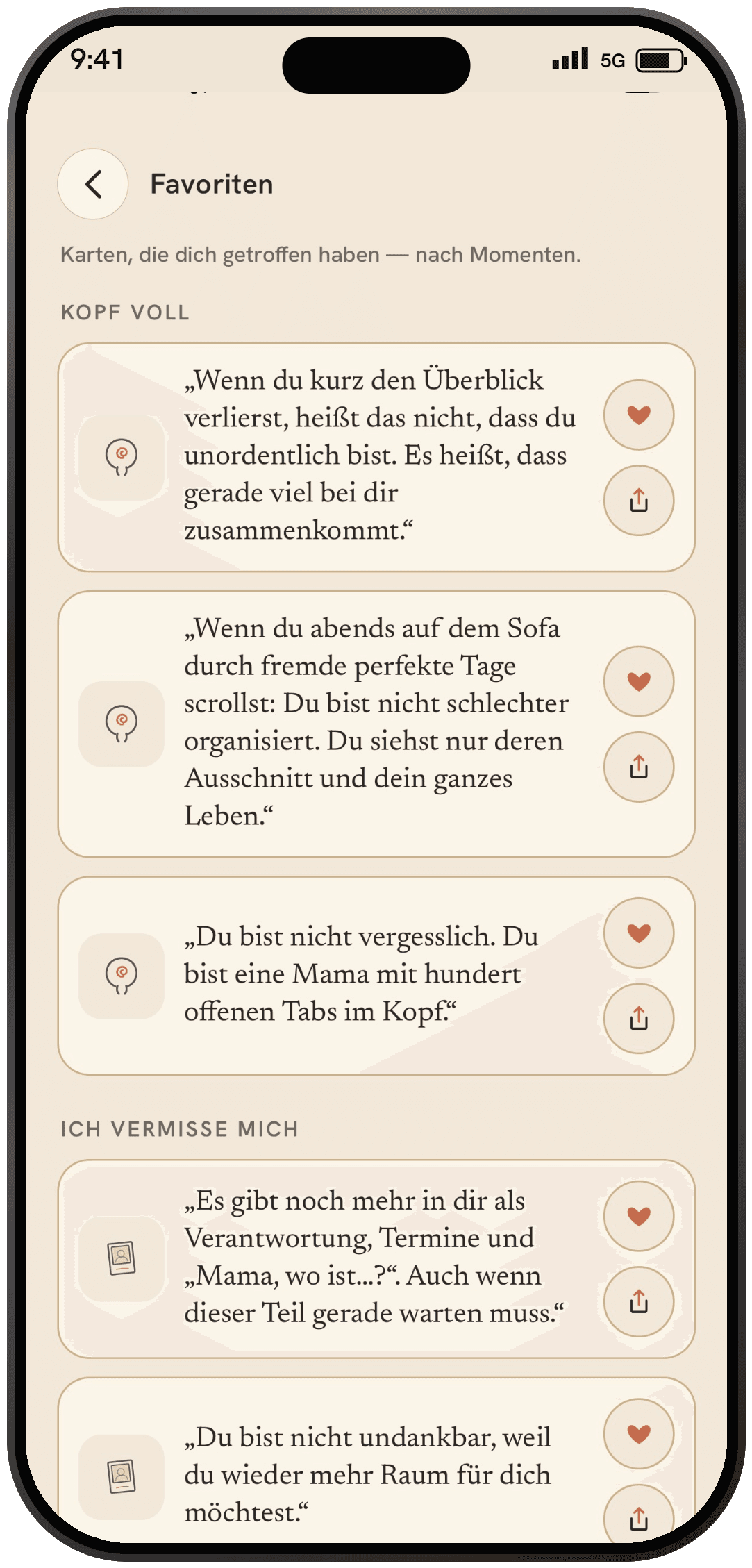 Gespeicherte Lieblingskarten in MamaZeilen, nach Momenten gruppiert.
